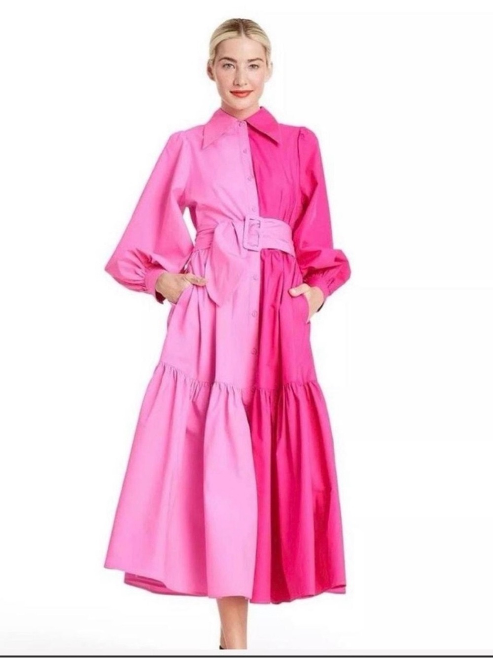 Christopher John Rogers Two-Tone Hot Pink and Bubblegum Pink Maxi Shirt Dress